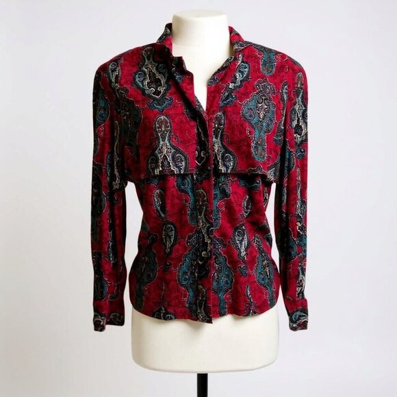 Vintage Francesca of Damon for Starington Blouse SZ 100 % Silk Paisley Ruffle - Picture 1 of 16